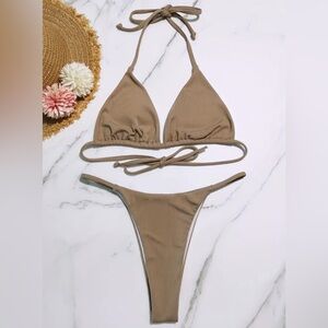 Tan / brown bikini set with high-waisted bottoms and triangle top #beachy